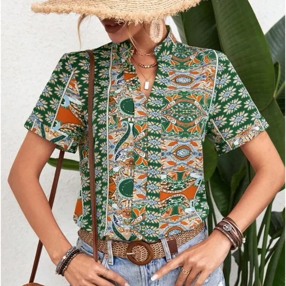 Boho Floral Paisley Print Top Blouse Shirt GREEN - Picture 3 of 5